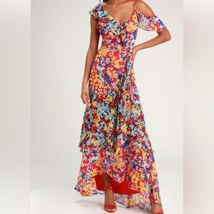 Lulu's Radiant Ruby Red Floral Print Chiffon Maxi Dress
